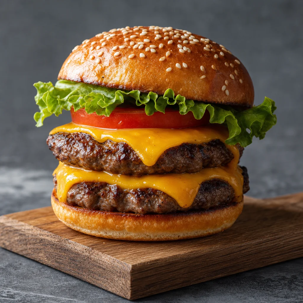 Stacked burger with fresh lettuce and tomato
